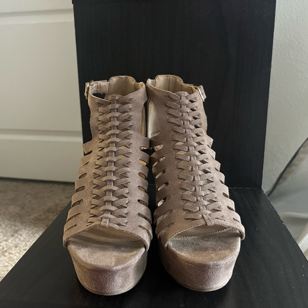 Mauve Tan Cross Stitch Suede Wedges